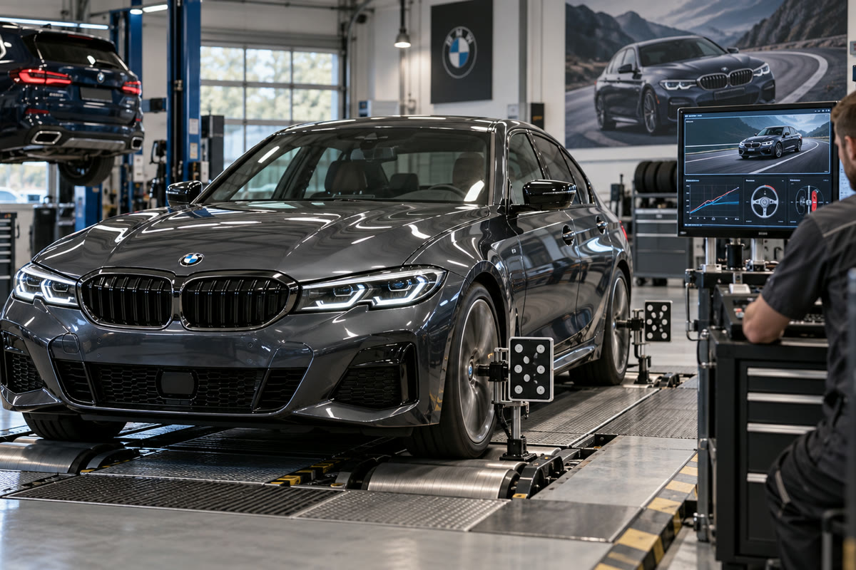 BMW на сервисной проверке руления и торможения BMW на сервисной проверке руления и торможения
