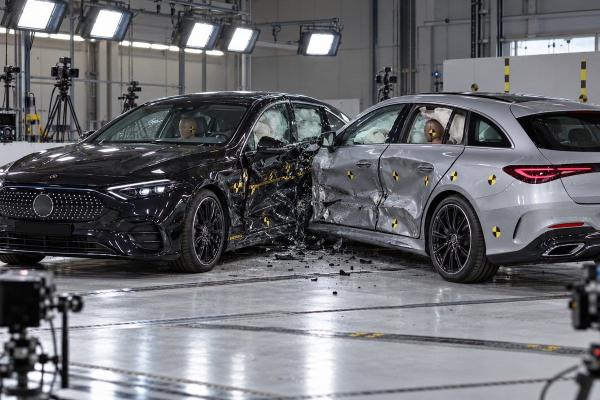 Боковой краш-тест двух автомобилей Mercedes-Benz CLA