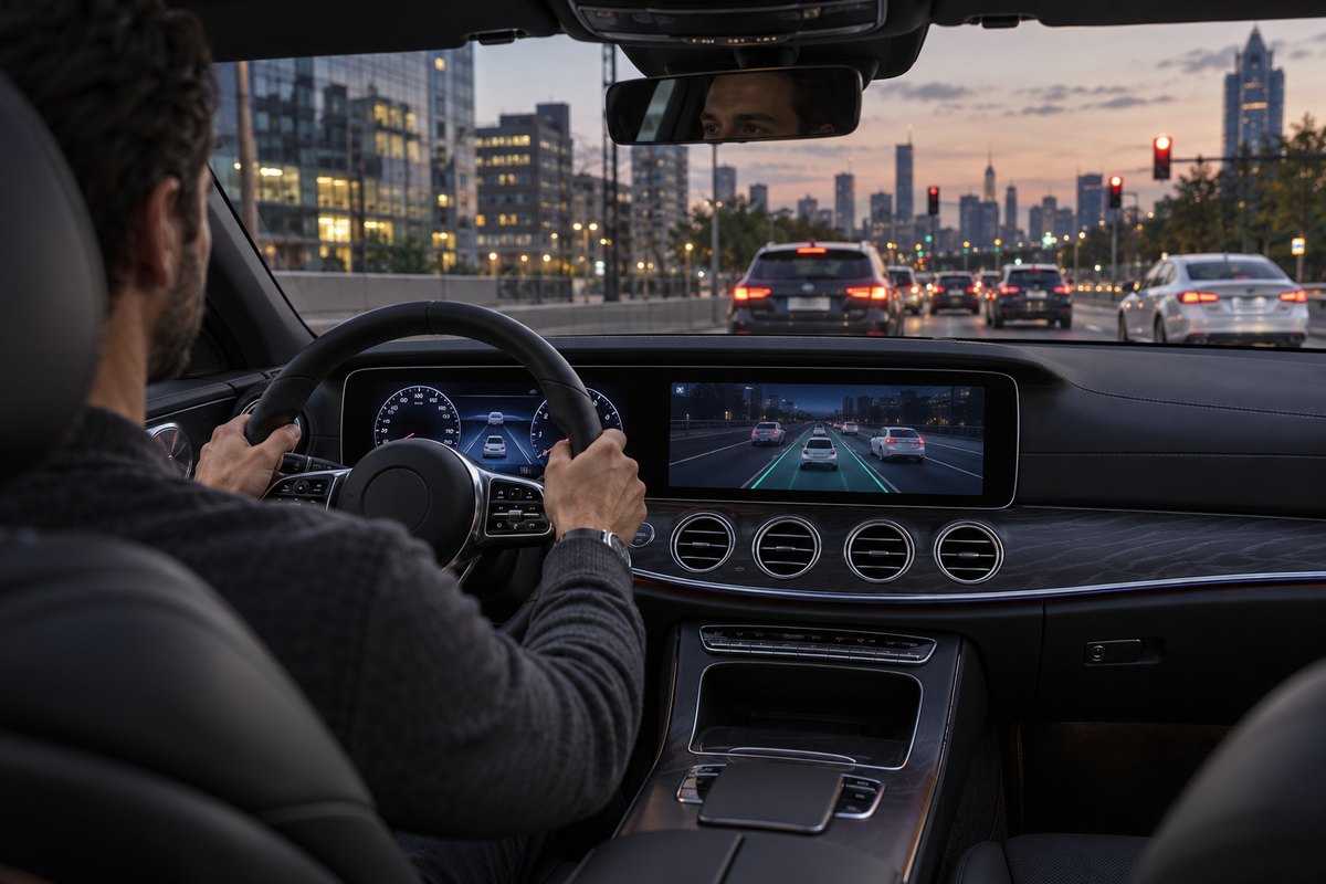 Работа системы помощи водителю Mercedes-Benz в городском движении
