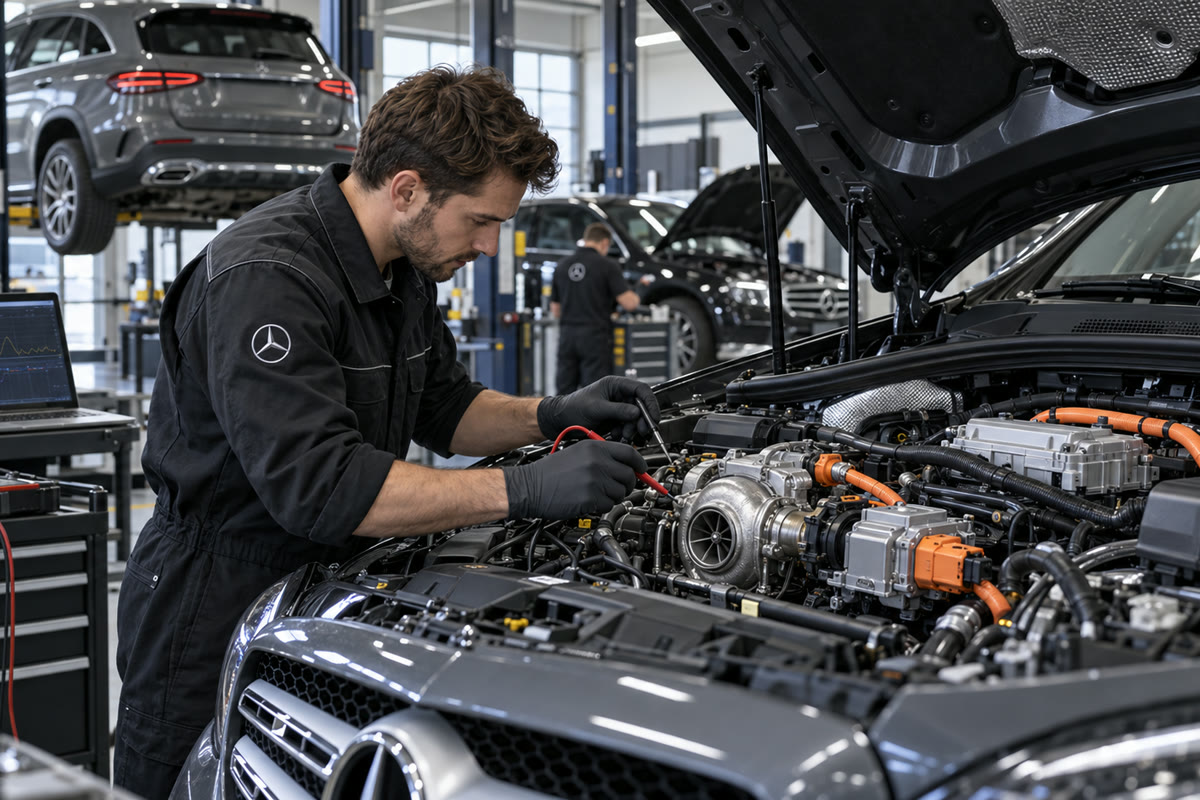 Диагностика электрического турбокомпрессора Mercedes-Benz в сервисной зоне Диагностика электрического турбокомпрессора Mercedes-Benz в сервисной зоне