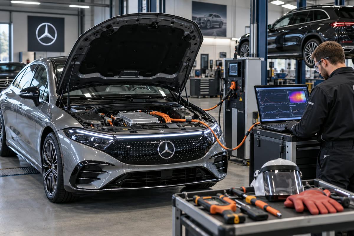 Диагностика высоковольтной батареи электрического Mercedes-Benz в сервисной зоне Диагностика высоковольтной батареи электрического Mercedes-Benz в сервисной зоне